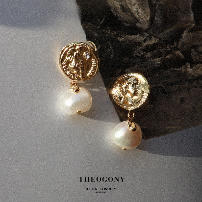 THEOGONY Roman Coin Series Baroque Pearl Small Earring Retro Design Temperance Coin ear nails