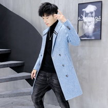 2019 New woolen coat men long Youth British double-breasted woolen coat Korean trend trench coat