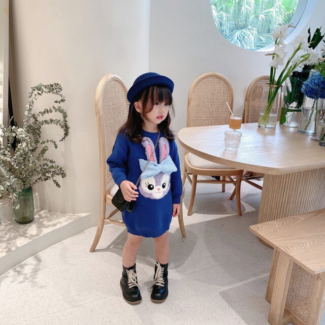 Girls foreign style sweater dress 2022 little girl temperament pullover sweater mid-length baby cute rabbit dress