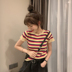 Mùa hè Hàn Quốc phiên bản 2020 mới mỏng màu sọc mộc nhĩ ngắn tay nhỏ đan áo len nữ hàng đầu 