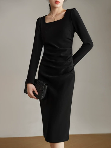 Демисезонное платье, ростомер, французский стиль, квадратный вырез, подходит для подростков, облегающий крой