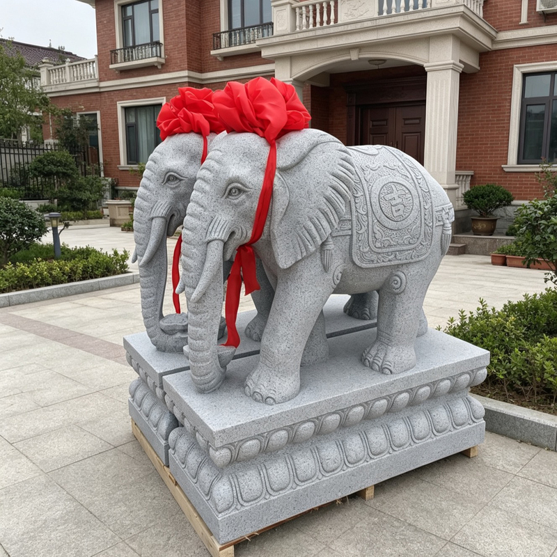 Granite Stone Carved Pair of Elephants, Natural White Marble Stone Elephants, Chinese-Style Fortune-Attracting Ornaments for Villa, Hotel, Courtyard Entrance