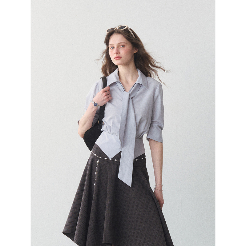 "Classic Replica" Tencel Linen Waist-Cinching Top 2026 Summer New Style Commuter Tie-Up Short-Sleeve T-Shirt Shirt