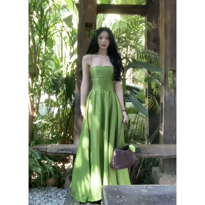 The Wizard of oz 2026 Summer Vacation Backless Strap Dress for Women in Green, Elegant and Skin-Brightening Long Dress