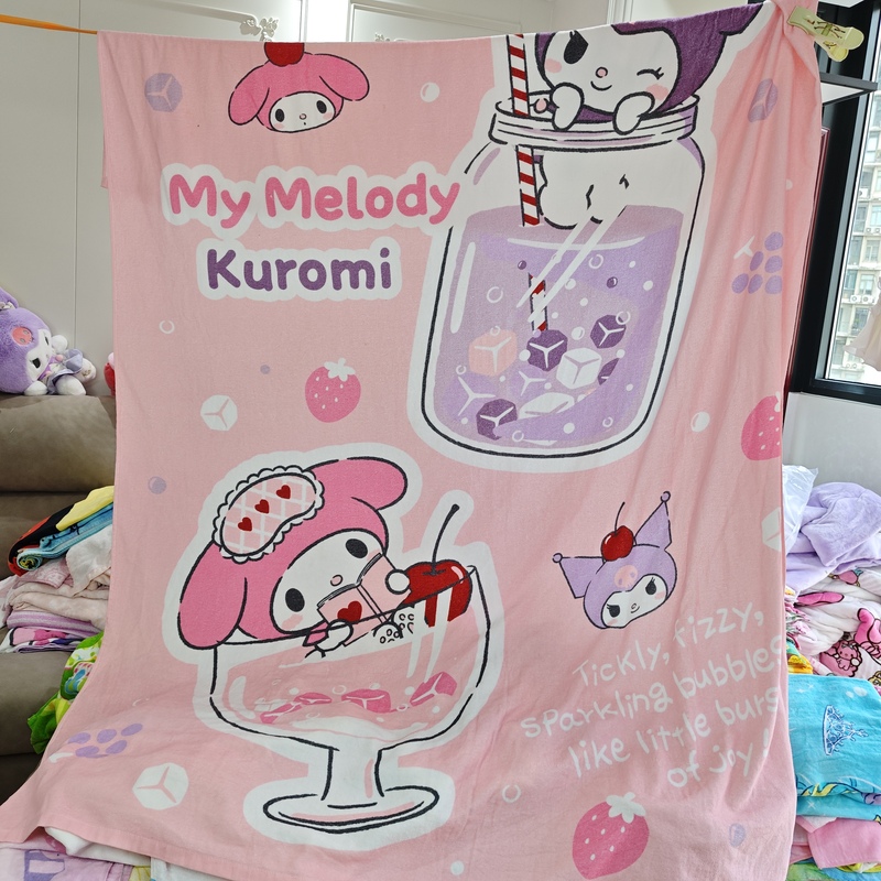 My Melody Kuromi Pink Drink Pure Cotton Large Bath Towel Girly Sanrio Children's Bath Beach Towel Blanket