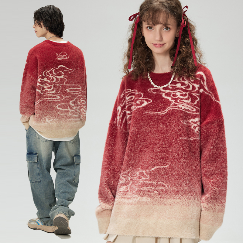 Lamlicka New Year's Red Cloud Jacquard Knitted Sweater for Men, Autumn and Winter Chinese Style Lazy Knitwear, Loose Fit