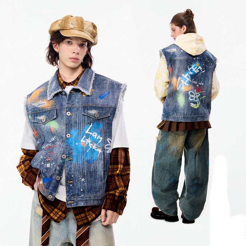 Li Changchao's Same Style Lamlicka American Street-Style Denim-Like Sleeveless Vest, Autumn Vintage Blue Casual Jacket
