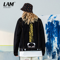 Panda Embroidery Black Denim Coat Mens Tide Brand Autumn Korean Fashion Large Size Loose 2021 New Jacket