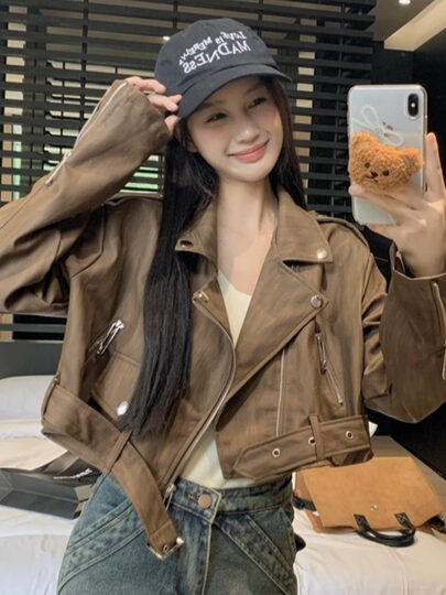 Maillard retro suit collar pu leather jacket for women spring and autumn loose high waist short brown motorcycle jacket top