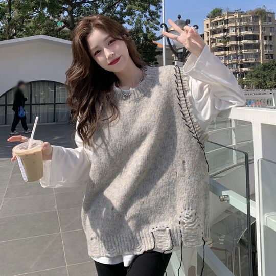 破洞毛衣马甲女春秋宽松外穿慵懒风设计感小众叠穿针织背心上衣服