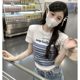 Fake Two-Piece Knitted Striped Patchwork Printed Short-Sleeve T-Shirt for Women, Summer Slim Fit High-Waisted Short Bm Top