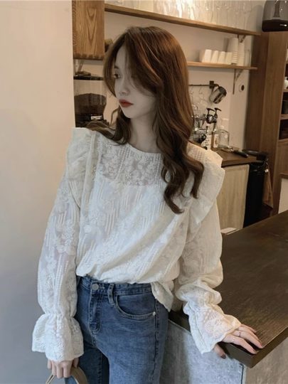 French-Style Lace Embroidery Flared Long-Sleeve Shirt for Women, Spring and Autumn Design, Niche Loose Ruffled Doll Shirt Top