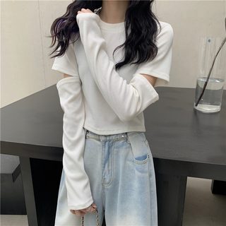 Белая женская футболка с длинными рукавами, базовый слой для весны и осени, укороченный топ в стиле BM с уникальными вырезами, короткий топ в сочетании с брюками с высокой талией.