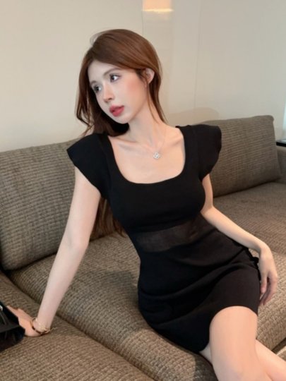 Pure Desire Hot Girl Square Neck Flutter Sleeve Knit Dress Women's Summer Sexy Slim Fit Pear-Shaped Body Black Bodycon Mini Dress