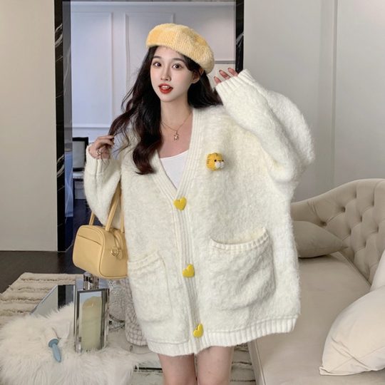 Soft and Lazy Style Sweater Coat for Women, Spring and Autumn Loose Design, Niche Sweet Mid-Length Knitted Cardigan Top