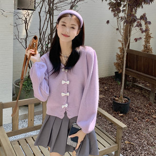 Purple Soft Sweater Cardigan for Women, Spring and Autumn, Stylish Design, Niche Bow, Loose Knit Top