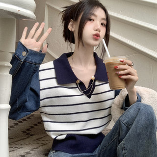 Striped Color-Block Polo Collar Thin Knit Sweater for Women, Spring, Autumn, and Winter, with a Unique Design and Patchwork Denim Sleeves, Loose Fit Top