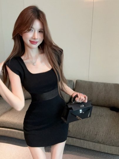Pure Desire Hot Girl Square Neck Flutter Sleeve Knit Dress Women's Summer Sexy Slim Fit Pear-Shaped Body Black Bodycon Mini Dress