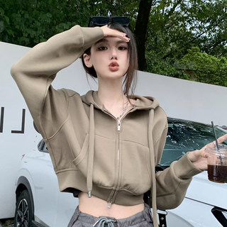 Модная женская толстовка-кардиган с капюшоном и двойной молнией, на весну и осень, с завязками, свободного кроя, укороченная, спортивная, с высокой талией.