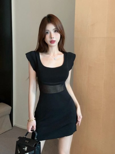 Pure Desire Hot Girl Square Neck Flutter Sleeve Knit Dress Women's Summer Sexy Slim Fit Pear-Shaped Body Black Bodycon Mini Dress