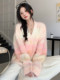 Gradient Pink V-Neck Sweater Cardigan for Women, Spring and Autumn Soft and Loose Lazy Style Mid-Length Knit Top