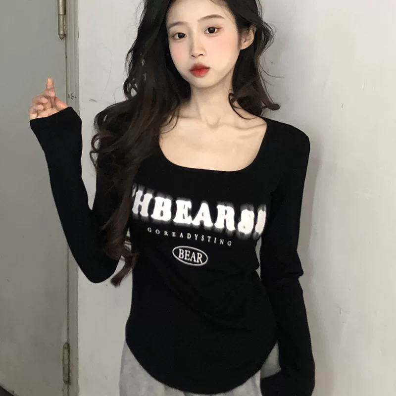 Осень база короткая облегающая футболка с длинным рукавом, slim fit, высокая талия