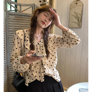 Рубашка с рюшами по краям, V-образным вырезом, в горошек, с длинными рукавами для женщин, новинка ранней осени, короткий топ во французском стиле.