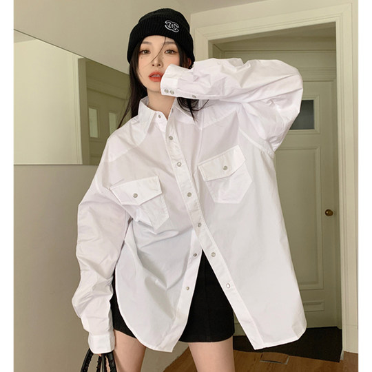 Design-Focused, Unique White Shirt Jacket for Women, Suitable for Early Spring and Autumn, Loose-Fitting, Bf Style, Lazy Style, Layered Shirt, Mid-Length Top