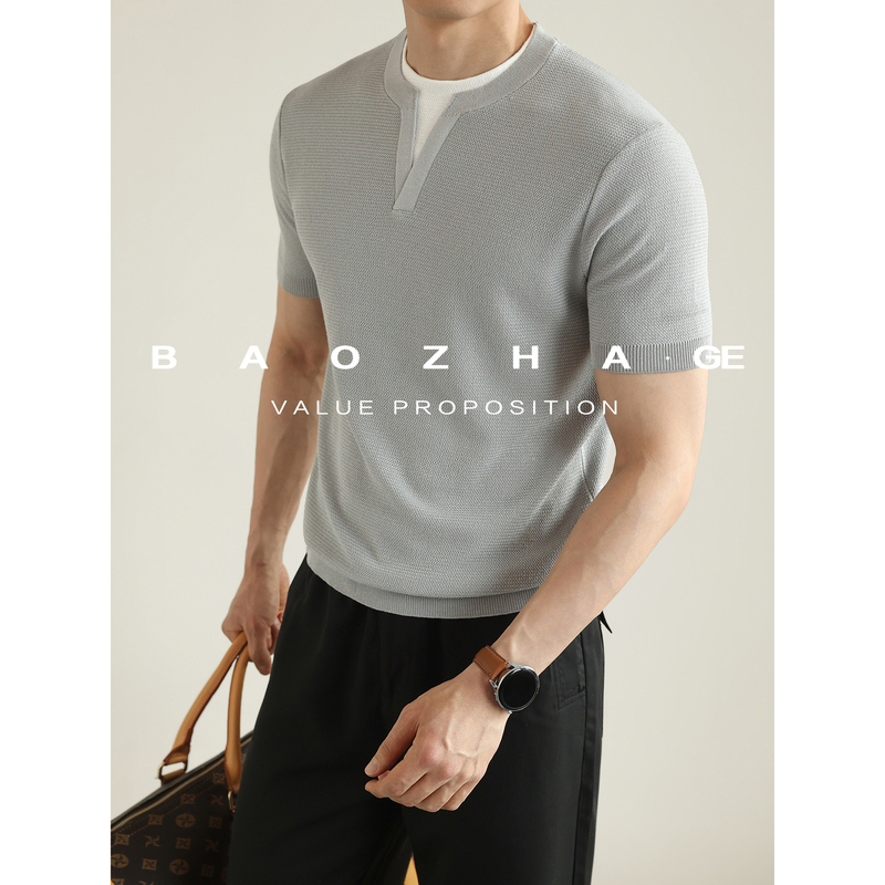 【Mori Old Money】Italian-Style Faux Two-Piece Seagull Collar Knit Short-Sleeve T-Shirt for Men, Summer Cool and Breathable Half-Sleeve