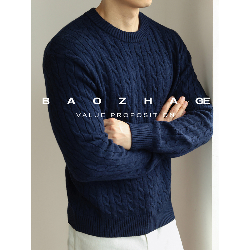 Baozhage【Warm Knitted Shirt】Embossed Three-Dimensional Cable Knit Round Neck Sweater for Men, Machine Washable