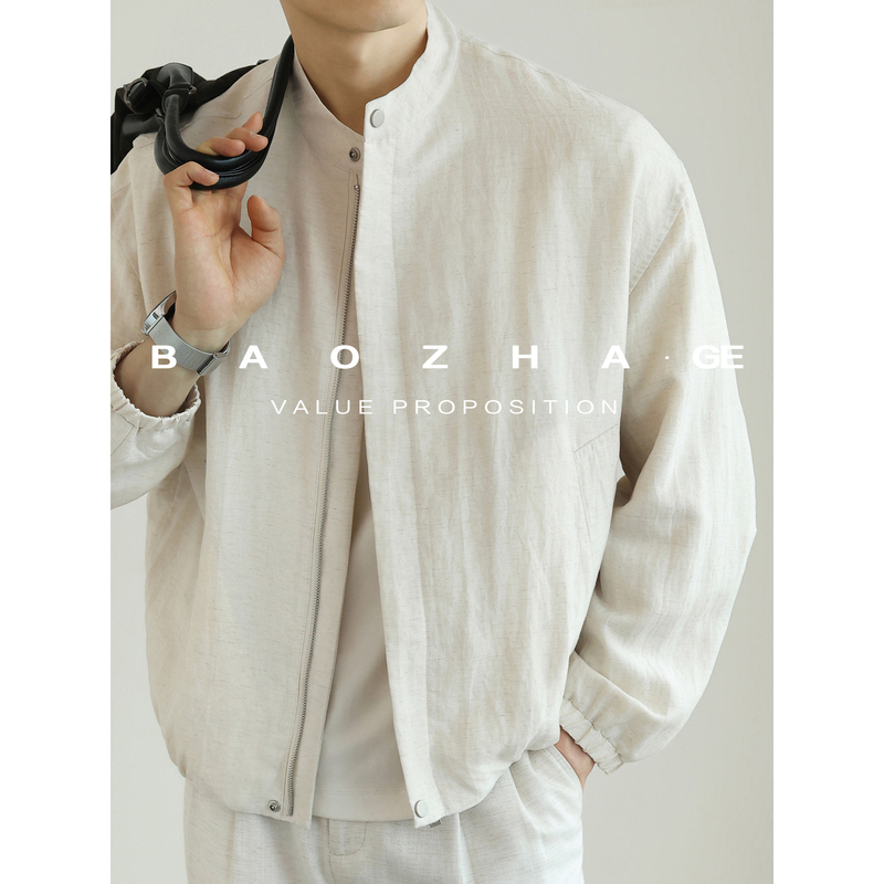 Explosion Brother Italian-Style Small Stand-Up Collar Tencel Linen Blend Jacket for Men, Breathable Business Commuter Cotton-Linen Coat for Spring and Summer