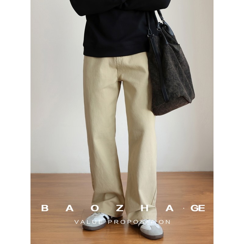 Baozhage【Enzyme Wash Process】12Oz Twill Pure Cotton Straight-Leg Jeans for Men, Commuting Vintage Casual Pants for Autumn