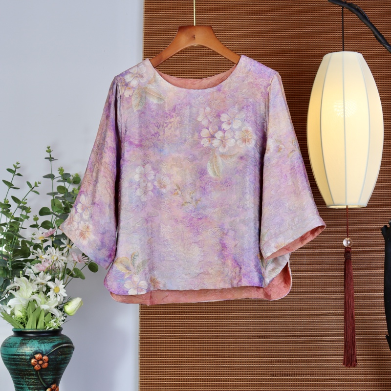 【1252】New Chinese-Style National Fashion Xiangyun Silk Three-Quarter Sleeve Round Neck Floral Short Jacket for Women, Versatile for Commuting