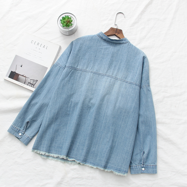 Mùa xuân và mùa thu mới Nhật Bản retro viền denim áo sơ mi nữ dài tay áo sơ mi dài tay Hàn Quốc quần tập yoga ống rộng