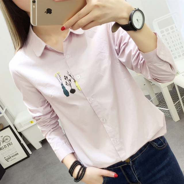 Spring 2022 women's Korean version of the small fresh printed polo shirt cotton long-sleeved bottoming shirt women's white shirt women