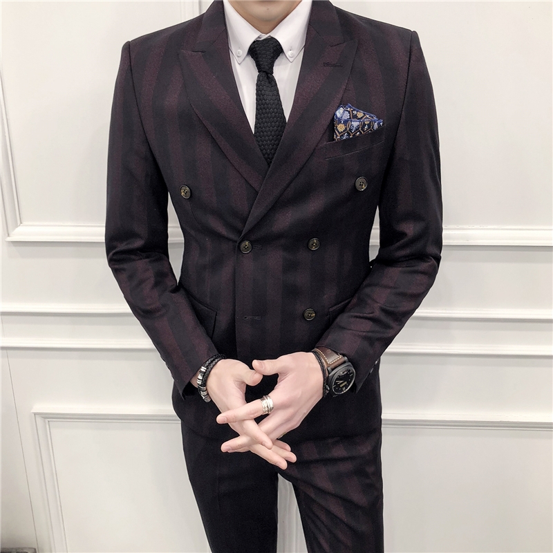 Nam Đêm sọc đúp Cut Suit nam Suit Tính cách Trend Anh chủ chiếc váy Hàn Quốc phiên bản phù hợp với cơ thể