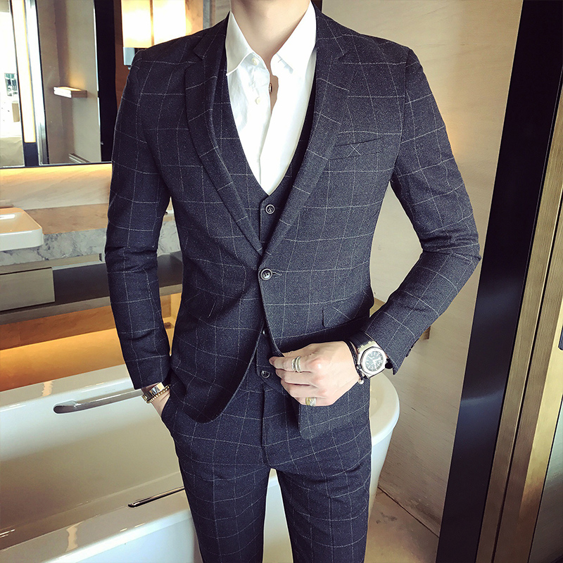 Suit phù hợp với nam giới Anh quý ông chú rể cưới váy phù hợp với ba mảnh cơ thể kẻ sọc cửa hàng đêm tạo mẫu tóc