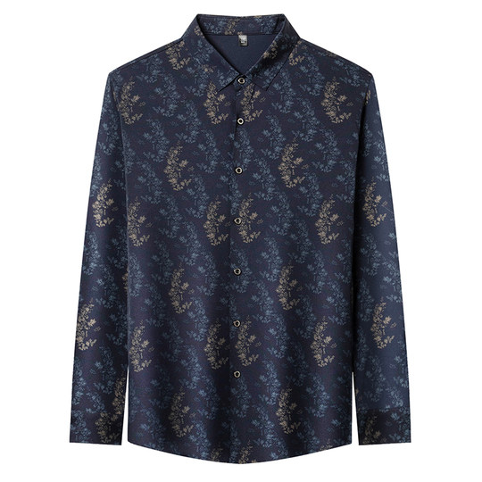 皮尔卡丹长袖衬衫春秋季新款中年时尚修身休闲免烫爸爸装印花衬衣