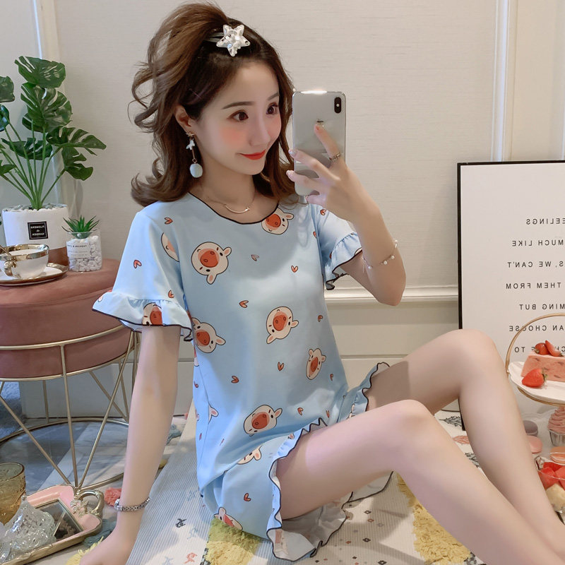 Fresh blue pig head pajamas women's summer thin short-sleeved Korean lace princess style sweet student homewear suit
