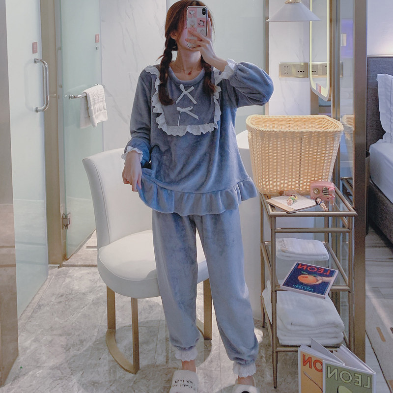 Little fairy pajamas women's autumn and winter flannel lace fresh mist blue princess coral velvet home dress set