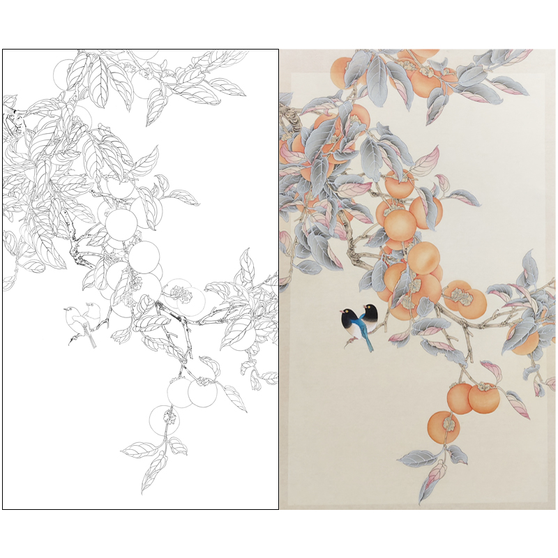 中国古美術★純手描き四尺竖幅・柿柿如意画芯★水彩画・斉白石印款・肉筆・宣紙・文房 中国古美術☆純手描き四尺竖幅・柿柿如意画芯☆