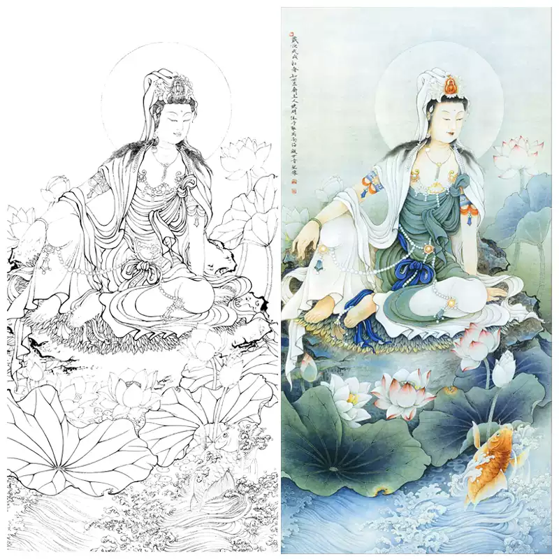 工笔画观音菩萨白描底稿初学者适用40*80厘米线描图谱-Taobao-Tmall