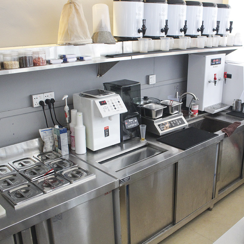 Lanxin milk tea shop full set of operating table refrigerated freezer with ice maker commercial water bar table custom stainless steel