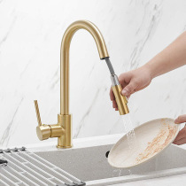 Bubble bathroom all-copper pull-out kitchen sink hot and cold water faucet rotatable wash basin faucet brushed gold
