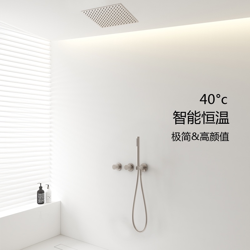 Bubble Bathroom Thermostatic Concealed Showerhead Wall-Mounted Shower with Pressure-Boosting Embedded Top Spray Brushed Nickel Pre-Installed Minimalist Showerhead