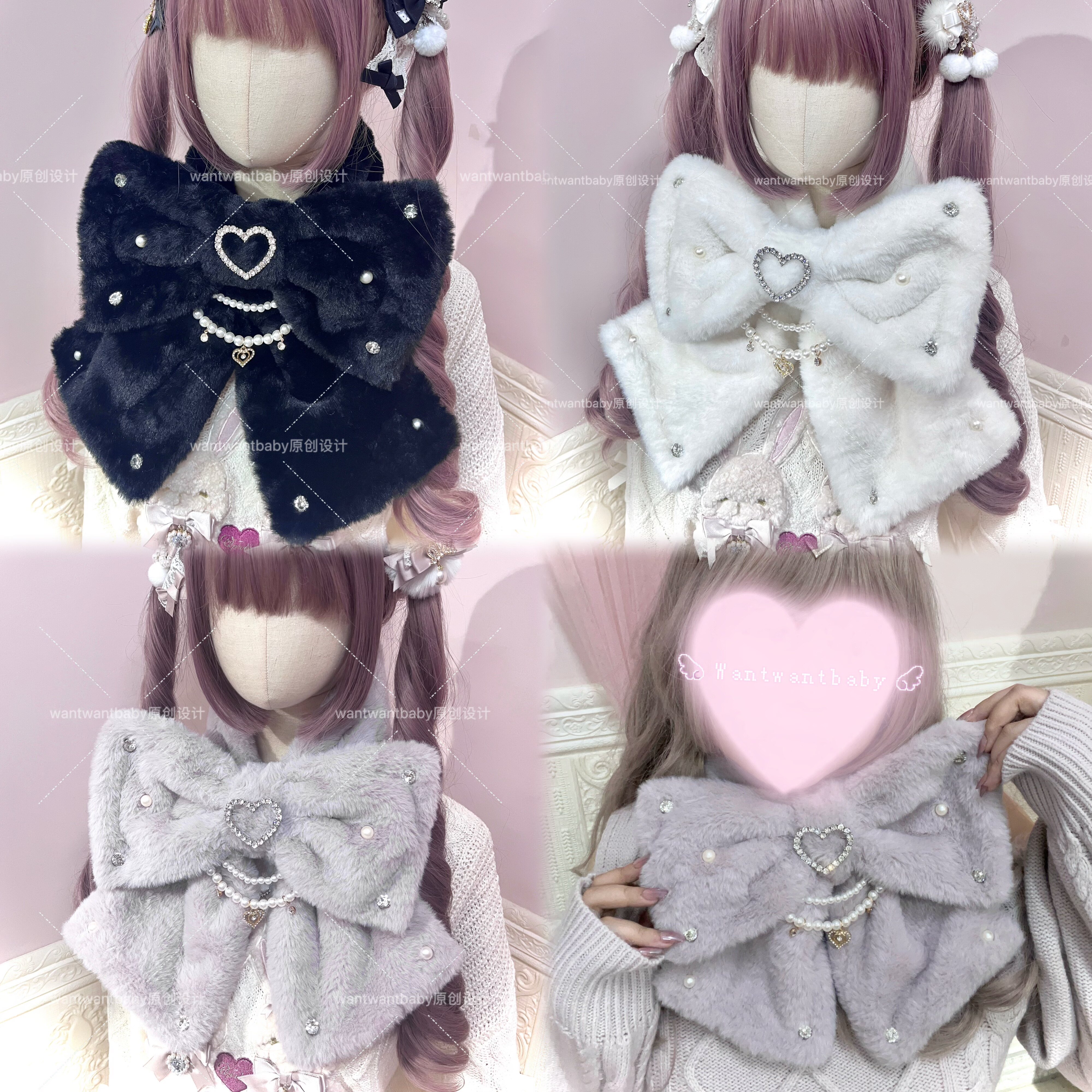 original solar system bud system Mass production type loli  Pagoda Pearl rhinestone Plush Imitation rabbit hair bow keep warm scarf Neckline