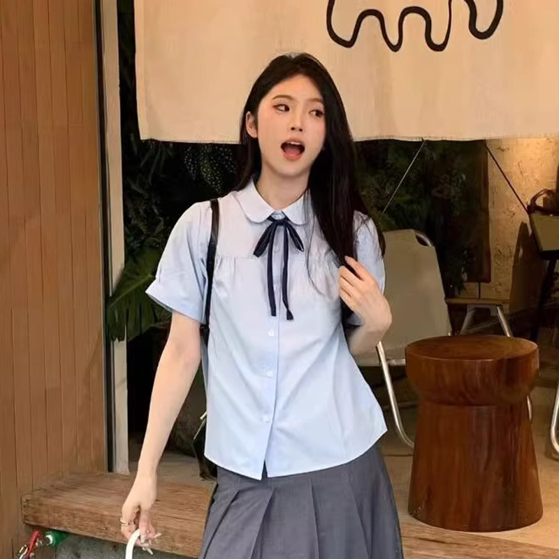 Sweet Japanese School Style Jk Shirt for Women, Sweet and Beautiful Milk Blue Short-Sleeved Shirt, Loose Casual High-End Top Sweet Japanese School Style Jk Shirt for Women, Sweet and Beautiful Milk Blue Short-Sleeved Shirt, Loose Casual High-End Top
