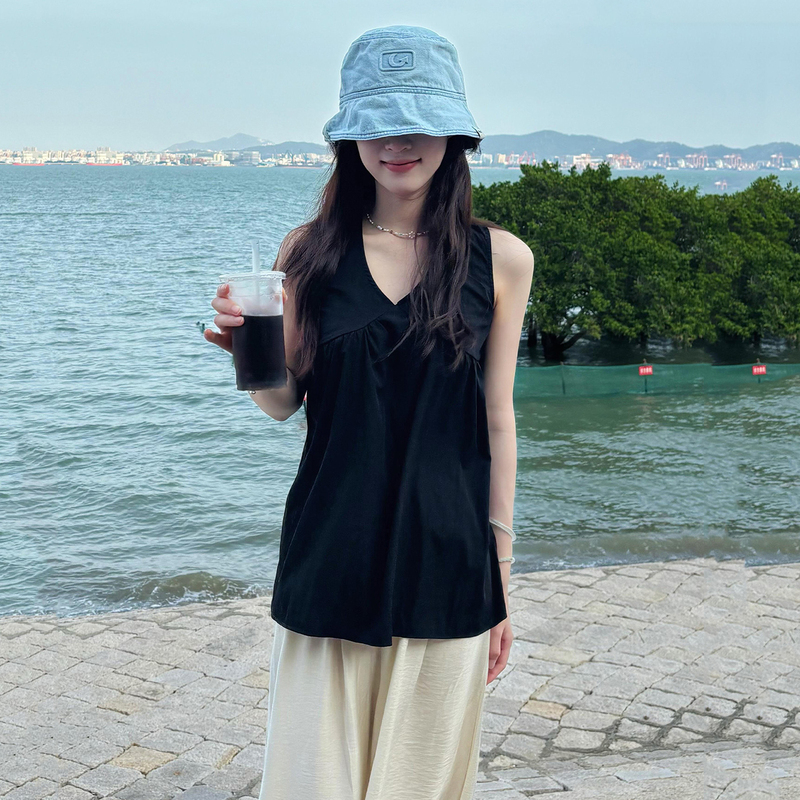 Black V-Neck Sleeveless Vest-Style Shirt for Women, Summer Loose Fit, Versatile, Tummy-Concealing, Slimming Babydoll Top
