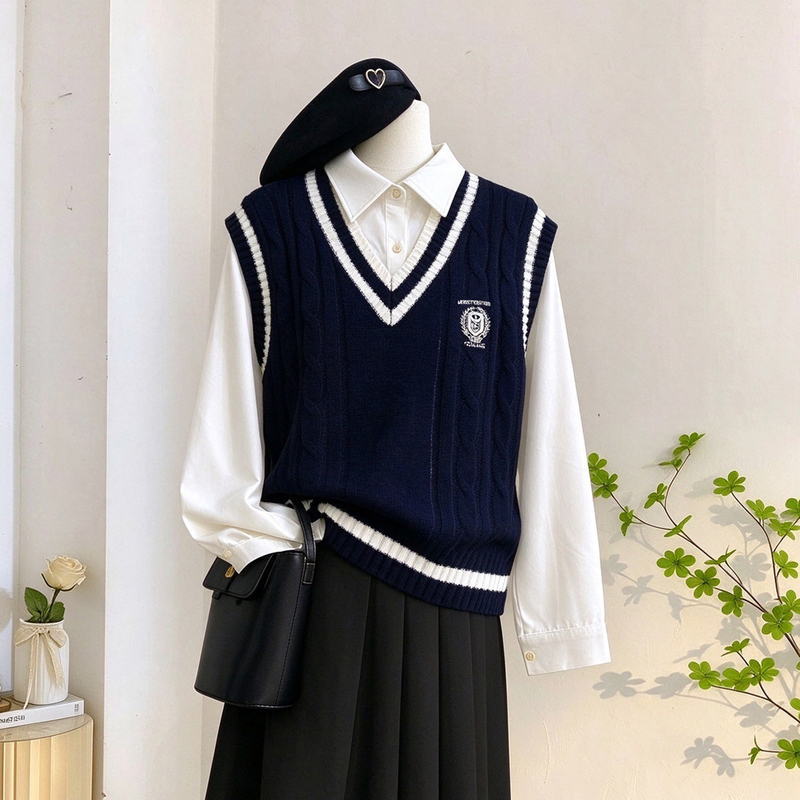 Knitted Vest Layered with Long-Sleeved Shirt for Women 2026 Spring and Autumn New Style College Style Shirt Two-Piece Set Top