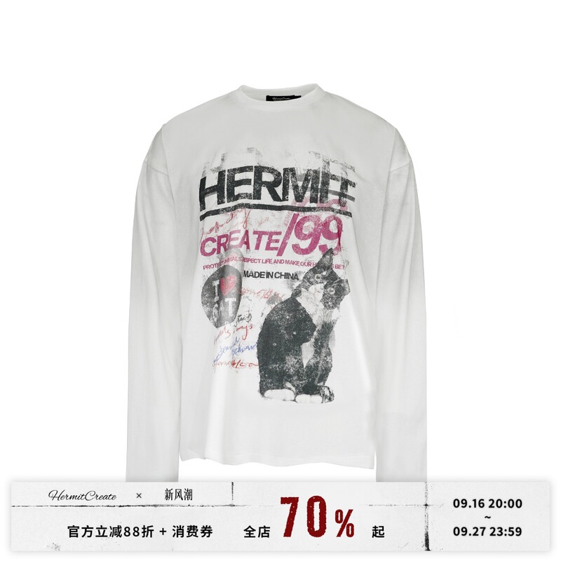 Hermitcreate24Fw Distressed Spray-Dyed Combed Cotton Printed Long-Sleeve T-Shirt Cartoon Cat Vintage Trendy Hermitcreate24Fw Distressed Spray-Dyed Combed Cotton Printed Long-Sleeve T-Shirt Cartoon Cat Vintage Trendy
